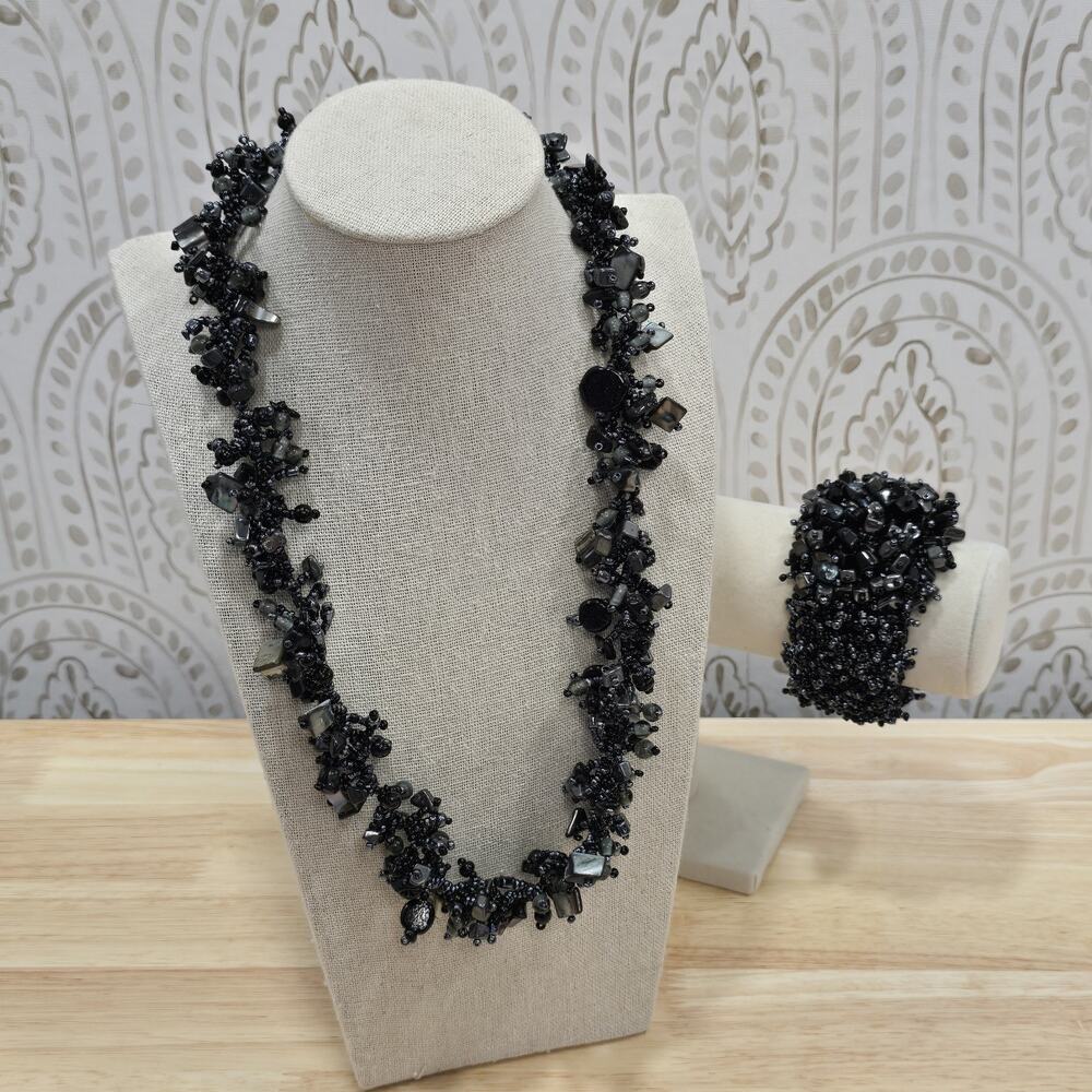 Retro Cluster Beaded Color Ink Black Stone Seed Bead Necklace Bracelet Set